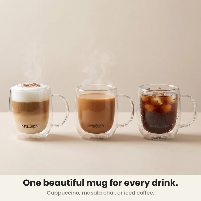 InstaCuppa Double Wall Glass Coffee Mug with Bamboo Lid and Large Handle, 300 ML, Pack of 2