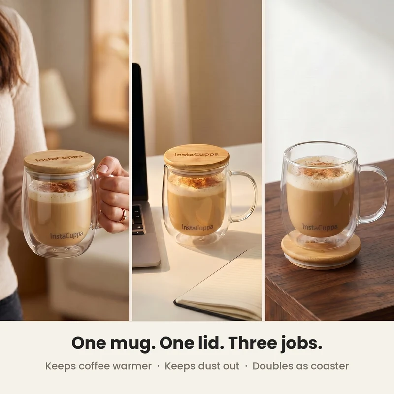 InstaCuppa Double Wall Glass Coffee Mug with Bamboo Lid and Large Handle, 300 ML, Pack of 2