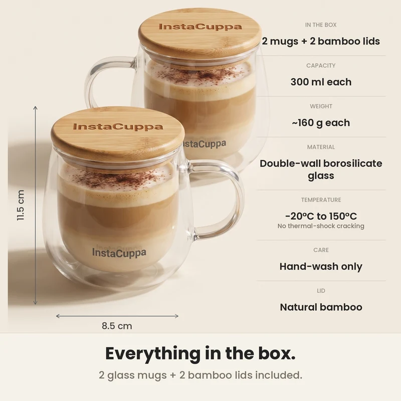 InstaCuppa Double Wall Glass Coffee Mug with Bamboo Lid and Large Handle, 300 ML, Pack of 2