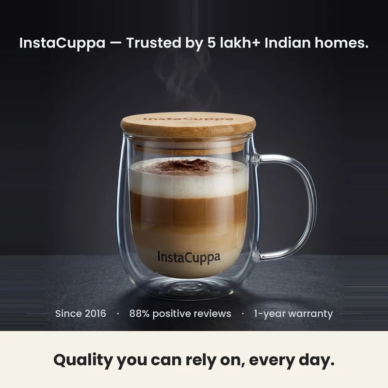 InstaCuppa Double Wall Glass Coffee Mug with Bamboo Lid and Large Handle, 300 ML, Pack of 2