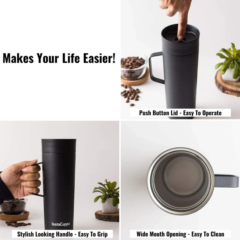InstaCuppa Vacuum Insulated Coffee, Tea Travel Mug 470 ML, Leak Proof Sipper Lid, Double Walled Thermos Flask,| Shop Now