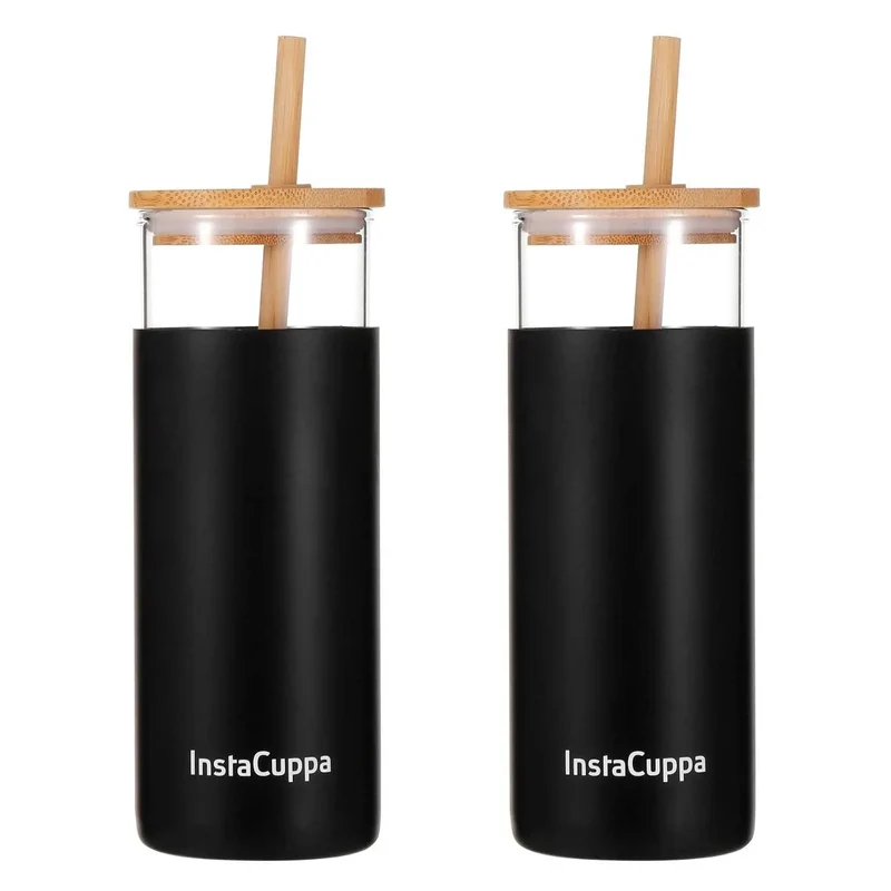 InstaCuppa Borosilicate Glass Tumbler with 2 Unique Straws and Bamboo Lid, Removable Silicone Protective Sleeve
