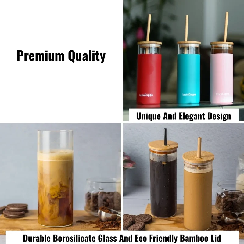 InstaCuppa Borosilicate Glass Tumbler with 2 Unique Straws and Bamboo Lid, Removable Silicone Protective Sleeve