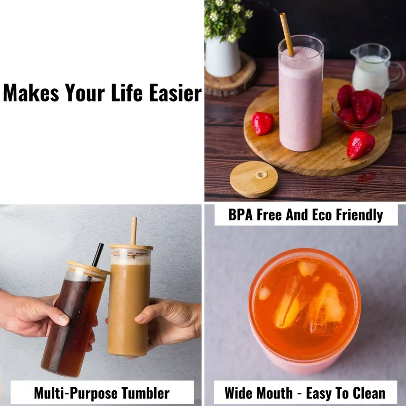 InstaCuppa Borosilicate Glass Tumbler with 2 Unique Straws and Bamboo Lid, Removable Silicone Protective Sleeve