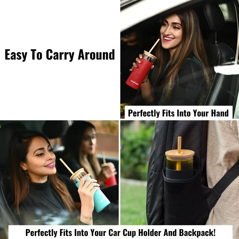 InstaCuppa Borosilicate Glass Tumbler with 2 Unique Straws and Bamboo Lid, Removable Silicone Protective Sleeve