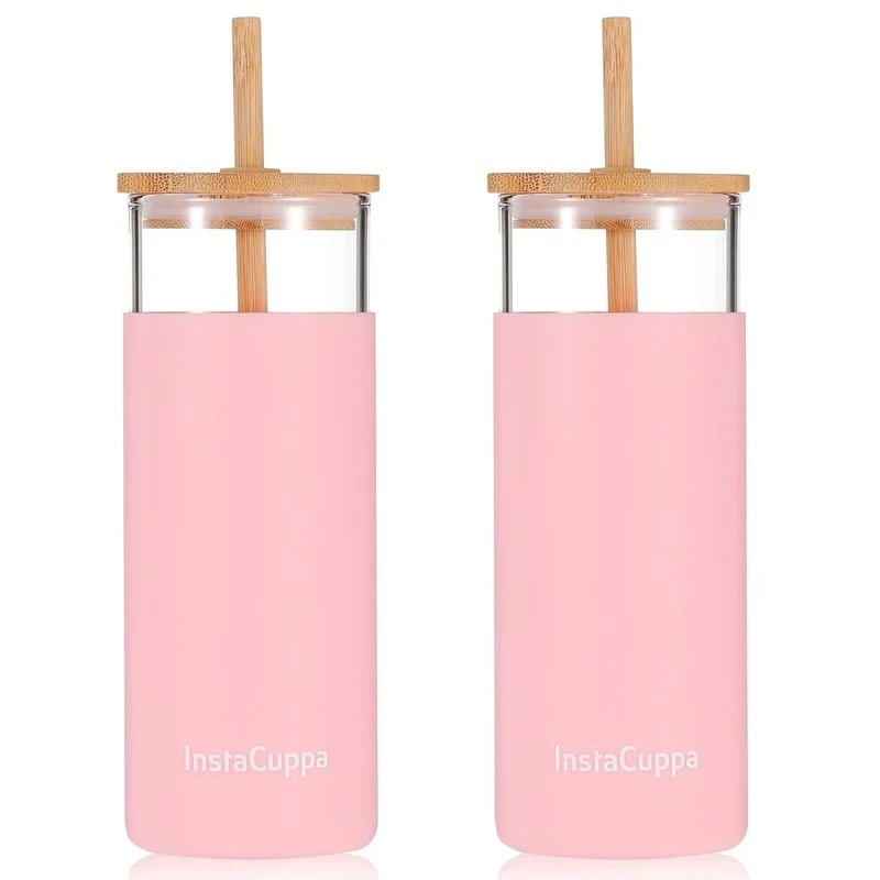 InstaCuppa Borosilicate Glass Tumbler with 2 Unique Straws and Bamboo Lid, Removable Silicone Protective Sleeve