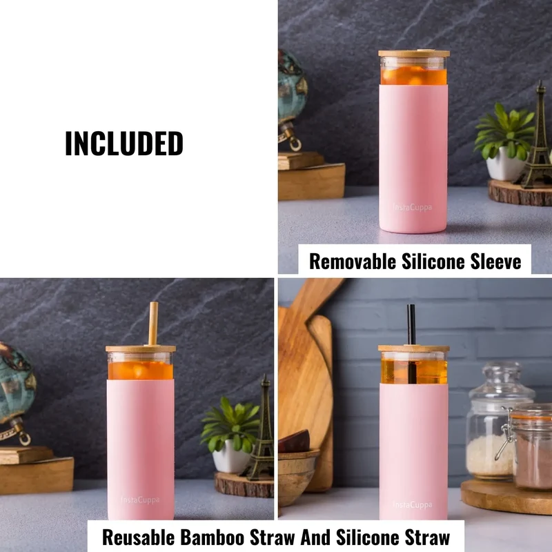 InstaCuppa Borosilicate Glass Tumbler with 2 Unique Straws and Bamboo Lid, Removable Silicone Protective Sleeve