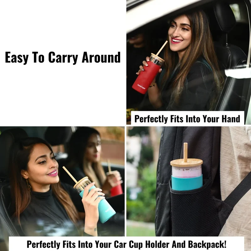 InstaCuppa Borosilicate Glass Tumbler with 2 Unique Straws and Bamboo Lid, Removable Silicone Protective Sleeve