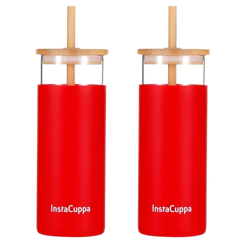 InstaCuppa Borosilicate Glass Tumbler with 2 Unique Straws and Bamboo Lid, Removable Silicone Protective Sleeve