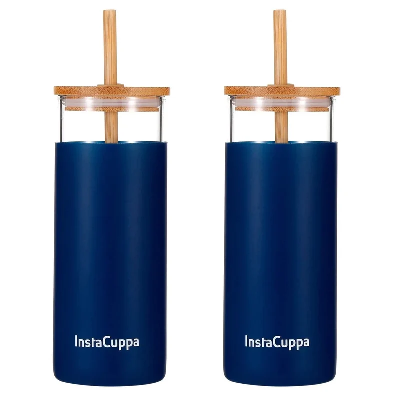 InstaCuppa Borosilicate Glass Tumbler with 2 Unique Straws and Bamboo Lid, Removable Silicone Protective Sleeve
