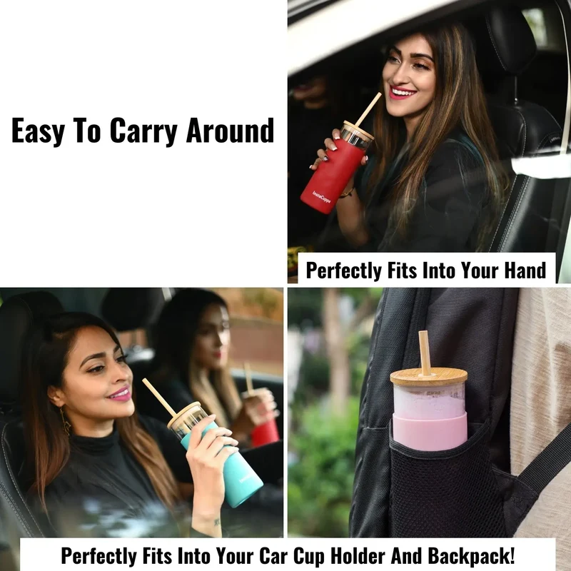 InstaCuppa Borosilicate Glass Tumbler with 2 Unique Straws and Bamboo Lid, Removable Silicone Protective Sleeve
