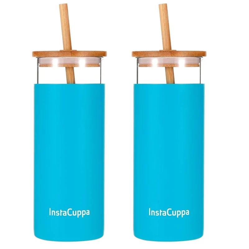 InstaCuppa Borosilicate Glass Tumbler with 2 Unique Straws and Bamboo Lid, Removable Silicone Protective Sleeve