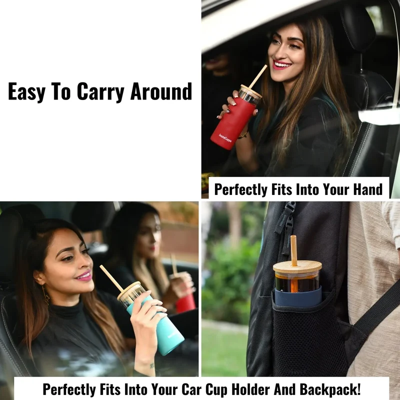 InstaCuppa Borosilicate Glass Tumbler with 2 Unique Straws and Bamboo Lid, Removable Silicone Protective Sleeve