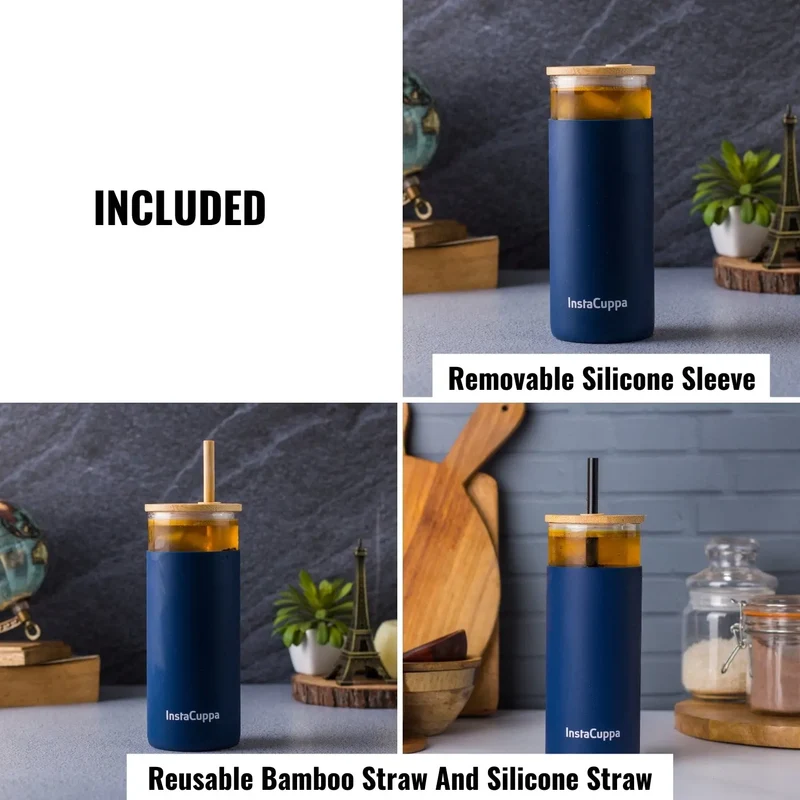InstaCuppa Borosilicate Glass Tumbler with 2 Unique Straws and Bamboo Lid, Removable Silicone Protective Sleeve