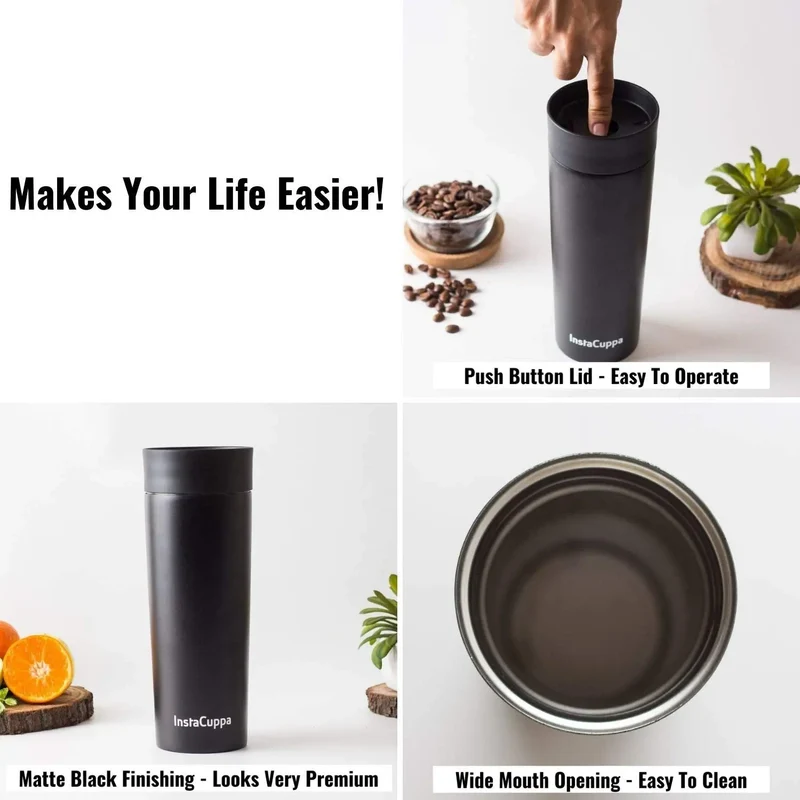 InstaCuppa Thermos Travel Mug for Coffee, Tea - Double Walled Steel Flask, Vacuum Insulated, Leak Proof, Premium Matte Finish