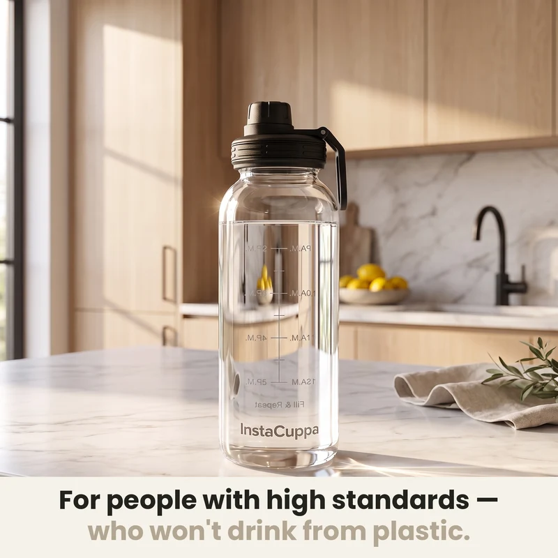 InstaCuppa Borosilicate Glass Water Bottle with Sports Sipper Lid, Innovative Time Markings, Neoprene Sleeve for Protection