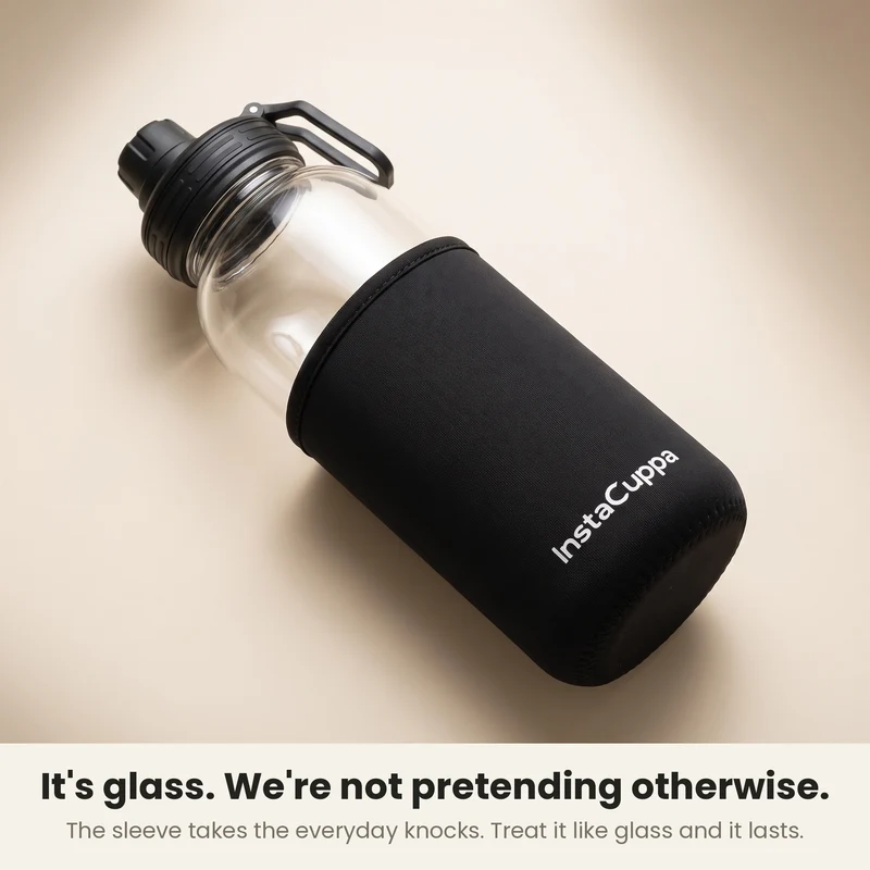 InstaCuppa Borosilicate Glass Water Bottle with Sports Sipper Lid, Innovative Time Markings, Neoprene Sleeve for Protection