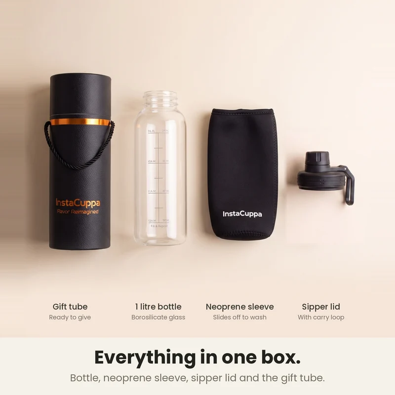 InstaCuppa Borosilicate Glass Water Bottle with Sports Sipper Lid, Innovative Time Markings, Neoprene Sleeve for Protection