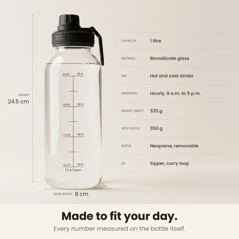 InstaCuppa Borosilicate Glass Water Bottle with Sports Sipper Lid, Innovative Time Markings, Neoprene Sleeve for Protection