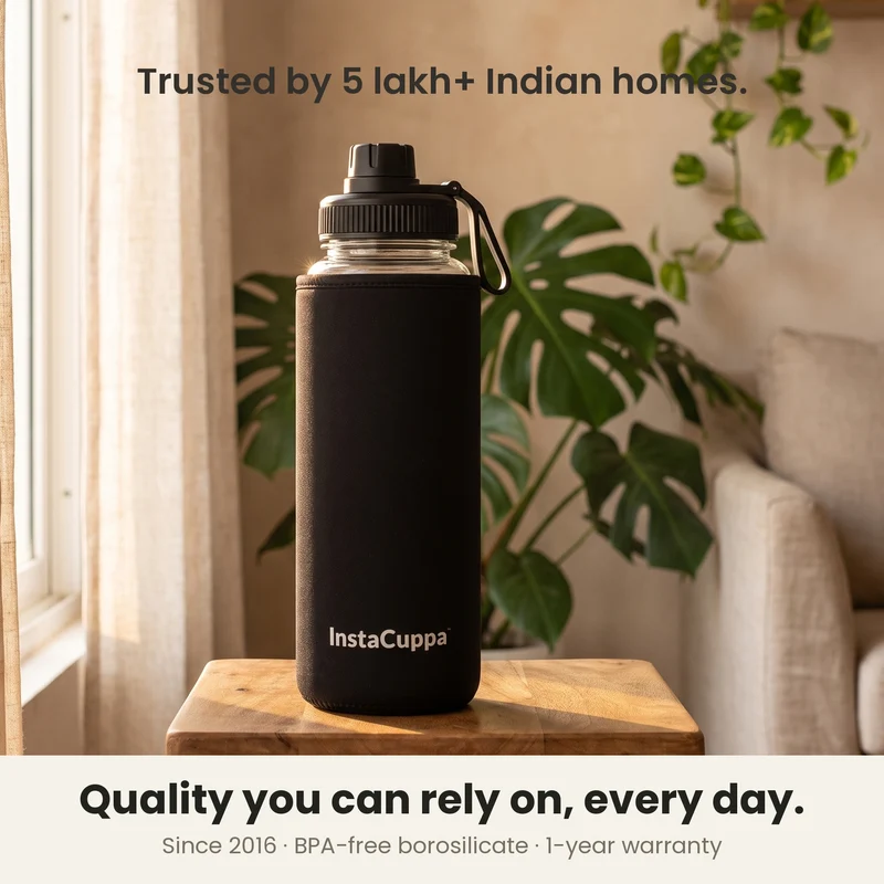 InstaCuppa Borosilicate Glass Water Bottle with Sports Sipper Lid, Innovative Time Markings, Neoprene Sleeve for Protection