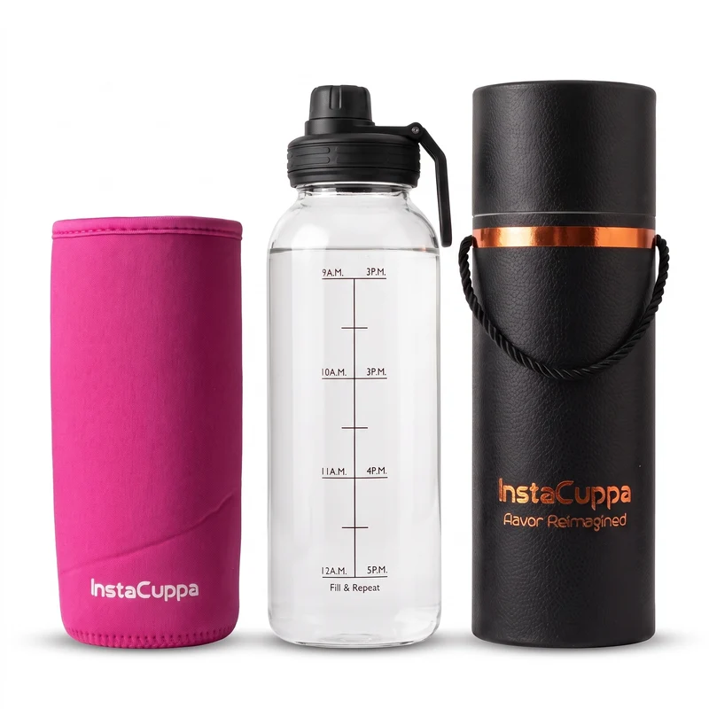 InstaCuppa Borosilicate Glass Water Bottle with Sports Sipper Lid, Innovative Time Markings, Neoprene Sleeve for Protection