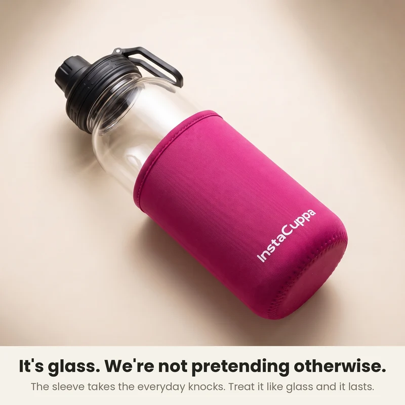 InstaCuppa Borosilicate Glass Water Bottle with Sports Sipper Lid, Innovative Time Markings, Neoprene Sleeve for Protection