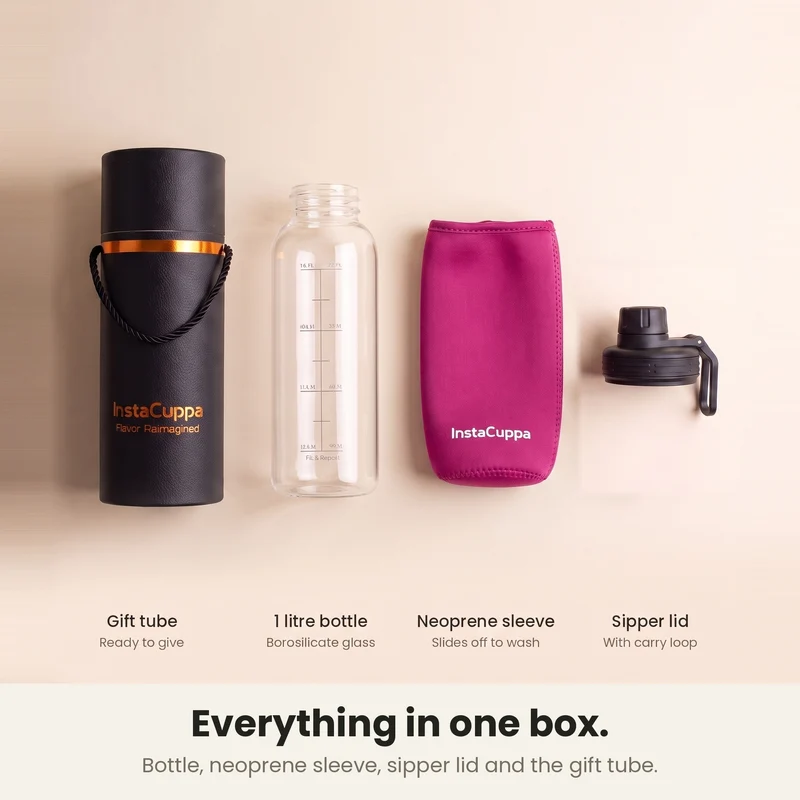 InstaCuppa Borosilicate Glass Water Bottle with Sports Sipper Lid, Innovative Time Markings, Neoprene Sleeve for Protection
