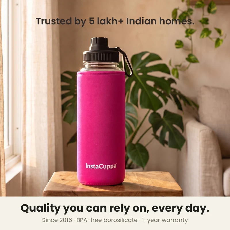 InstaCuppa Borosilicate Glass Water Bottle with Sports Sipper Lid, Innovative Time Markings, Neoprene Sleeve for Protection