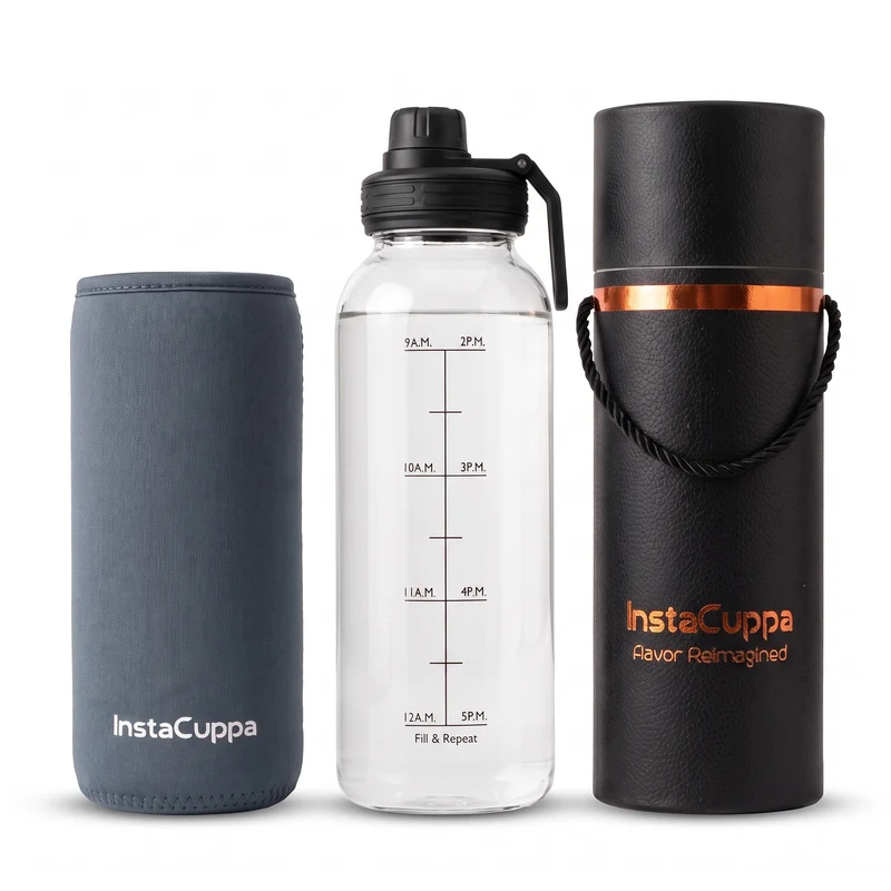 InstaCuppa Borosilicate Glass Water Bottle with Sports Sipper Lid, Innovative Time Markings, Neoprene Sleeve for Protection