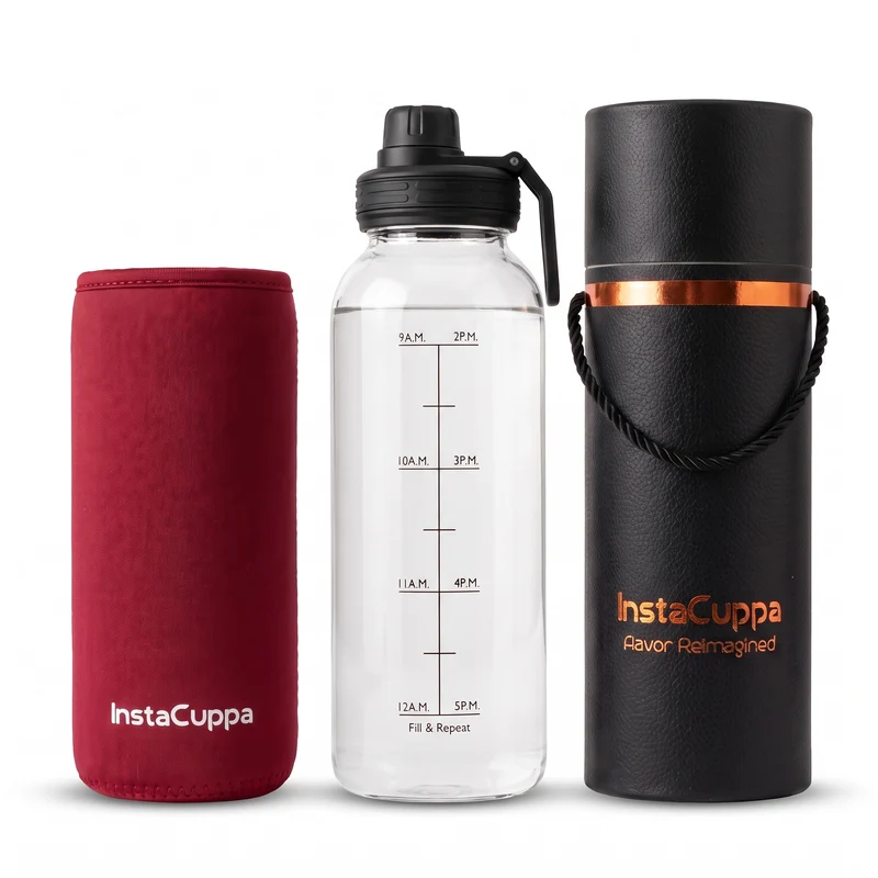 InstaCuppa Borosilicate Glass Water Bottle with Sports Sipper Lid, Innovative Time Markings, Neoprene Sleeve for Protection