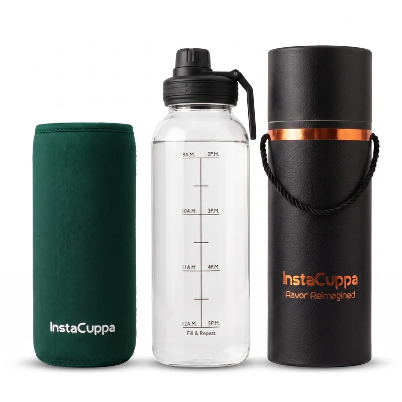 InstaCuppa Borosilicate Glass Water Bottle with Sports Sipper Lid, Innovative Time Markings, Neoprene Sleeve for Protection
