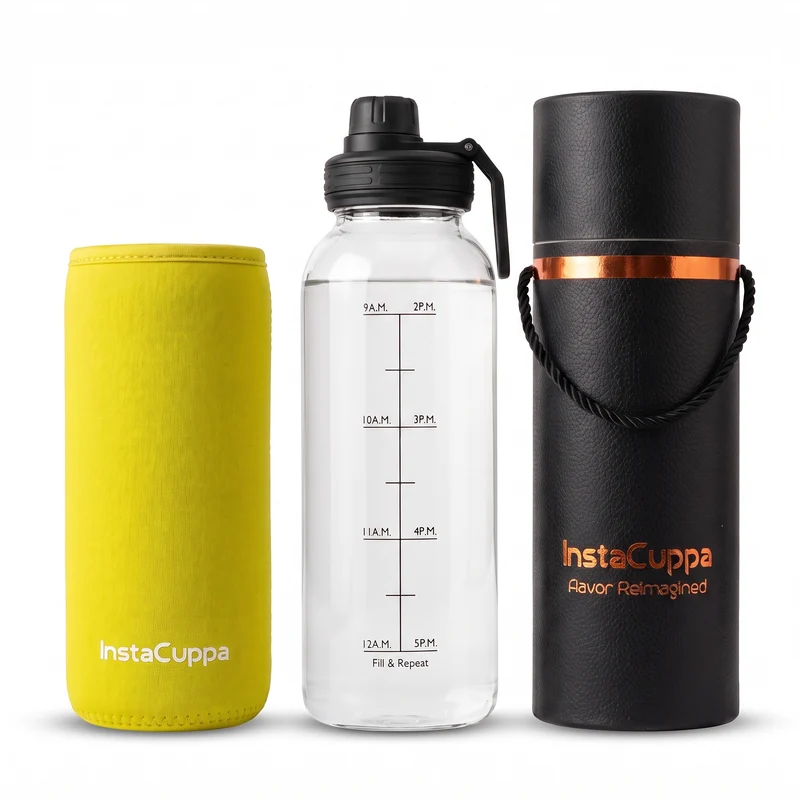 InstaCuppa Borosilicate Glass Water Bottle with Sports Sipper Lid, Innovative Time Markings, Neoprene Sleeve for Protection
