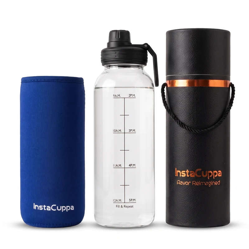 InstaCuppa Borosilicate Glass Water Bottle with Sports Sipper Lid, Innovative Time Markings, Neoprene Sleeve for Protection