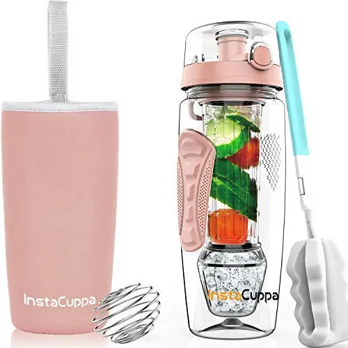 InstaCuppa Tritan Fruit Infuser Water Bottle with Polar Ice Ball Infuser, Flip Top Sipper Lid, Neoprene Sleeve, Detox Recipes eBook