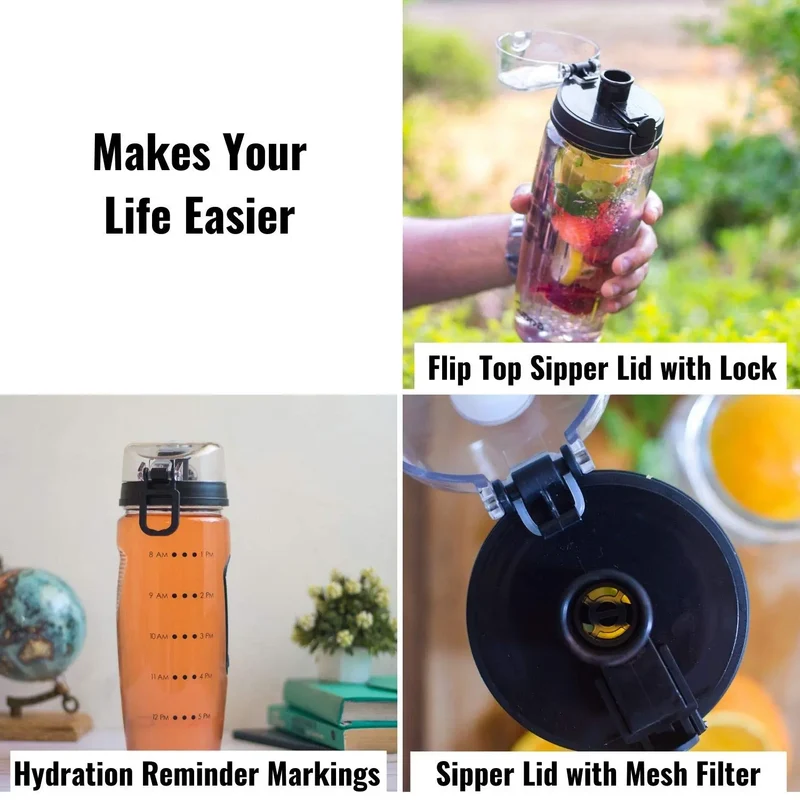 InstaCuppa Tritan Fruit Infuser Water Bottle with Polar Ice Ball Infuser, Flip Top Sipper Lid, Neoprene Sleeve, Detox Recipes eBook