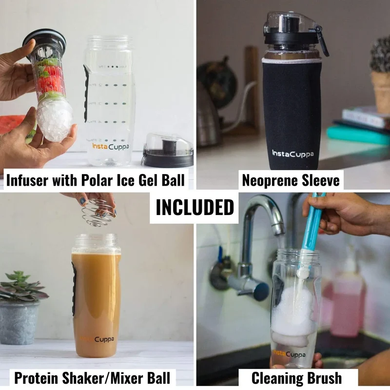 InstaCuppa Tritan Fruit Infuser Water Bottle with Polar Ice Ball Infuser, Flip Top Sipper Lid, Neoprene Sleeve, Detox Recipes eBook
