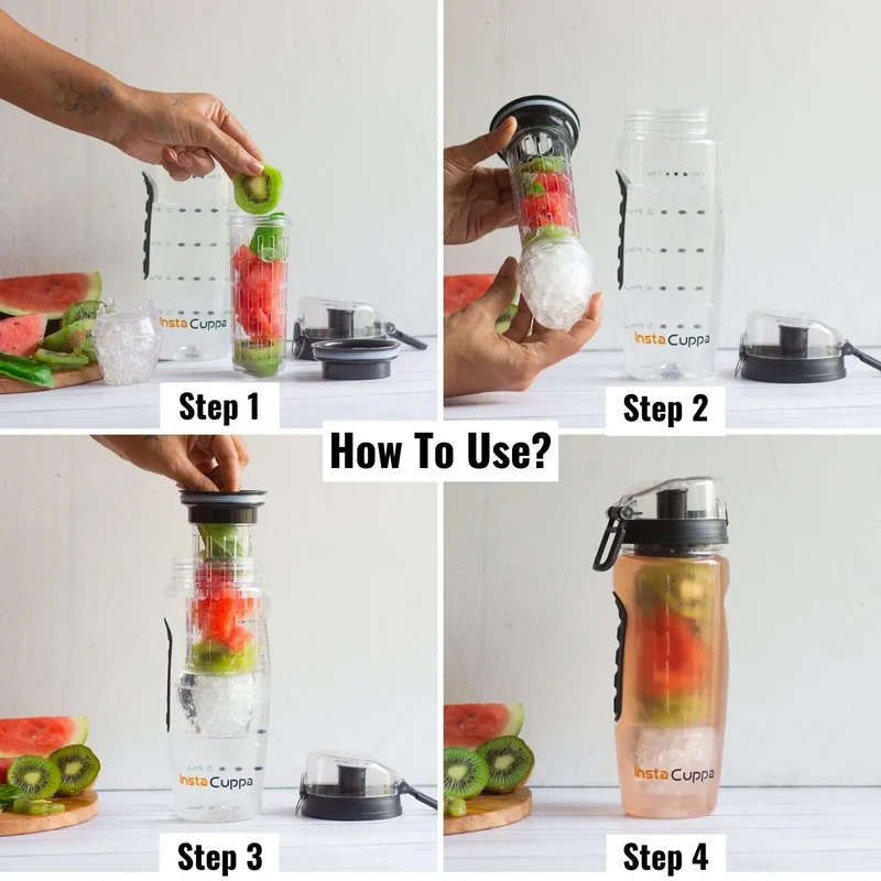 InstaCuppa Tritan Fruit Infuser Water Bottle with Polar Ice Ball Infuser, Flip Top Sipper Lid, Neoprene Sleeve, Detox Recipes eBook