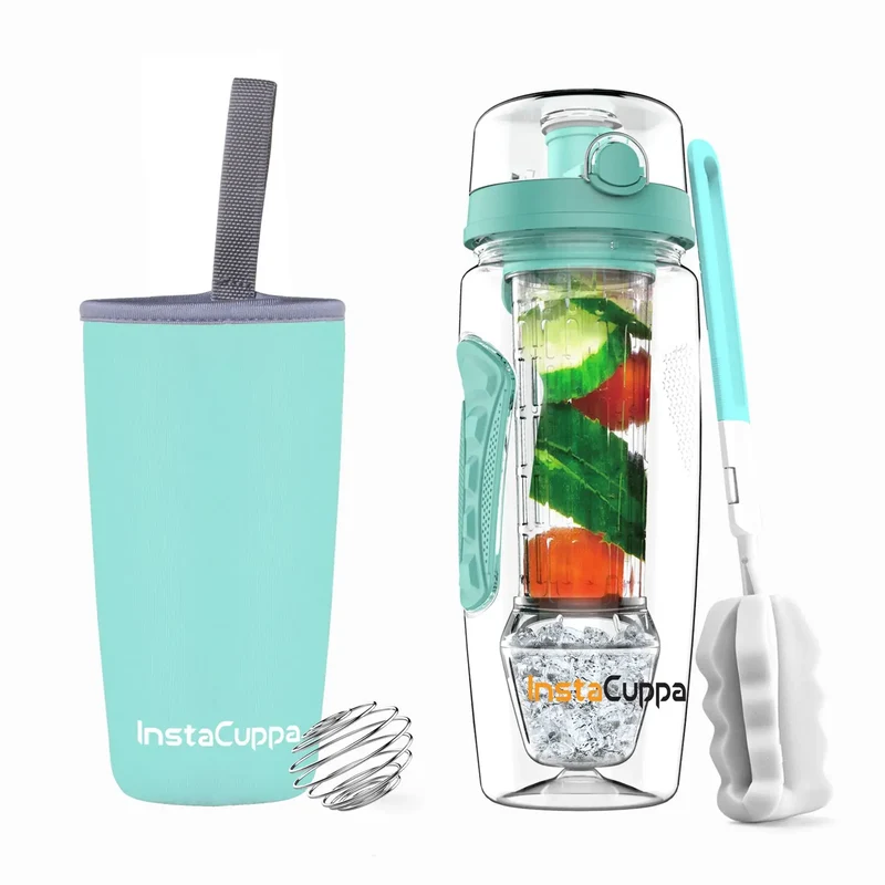 InstaCuppa Tritan Fruit Infuser Water Bottle with Polar Ice Ball Infuser, Flip Top Sipper Lid, Neoprene Sleeve, Detox Recipes eBook