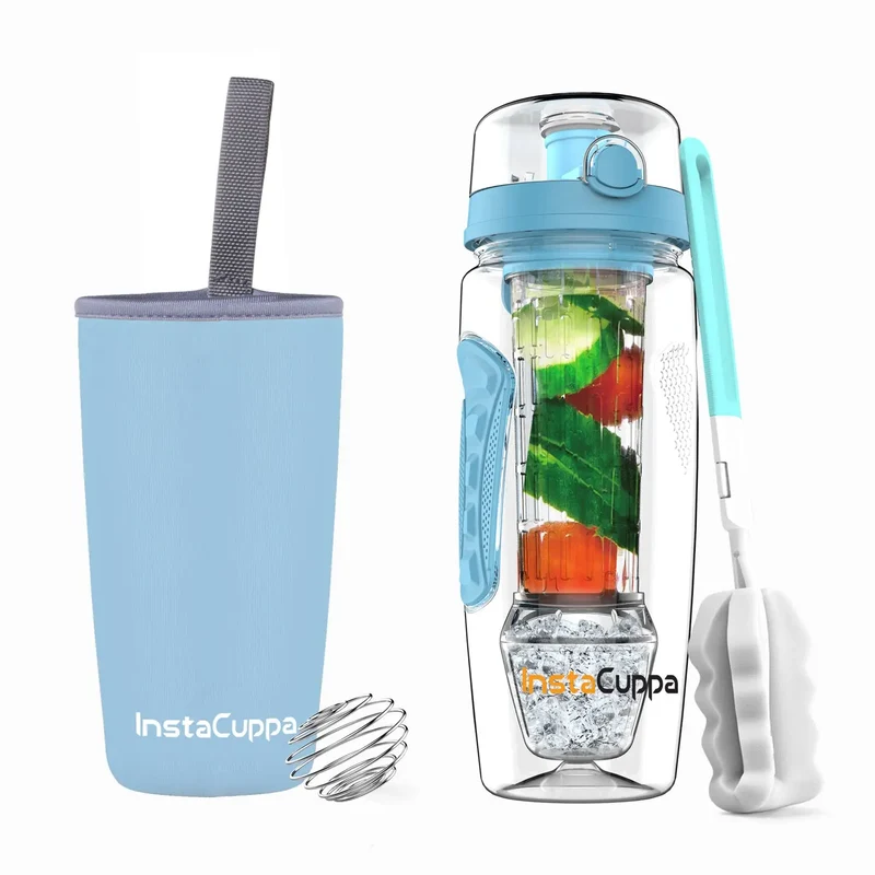 InstaCuppa Tritan Fruit Infuser Water Bottle with Polar Ice Ball Infuser, Flip Top Sipper Lid, Neoprene Sleeve, Detox Recipes eBook