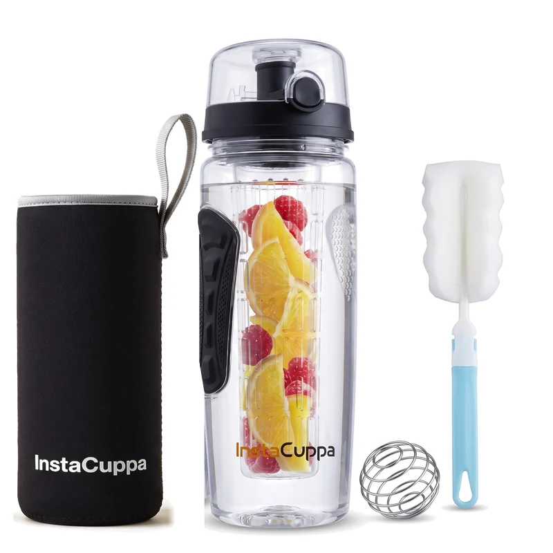 InstaCuppa Fruit Infuser Water Bottle 1 Litre, Tritan BPA-Free Detox Water Bottle with Full-Length Infuser, Flip-Top Lock Lid, Time Markings and Neoprene Sleeve