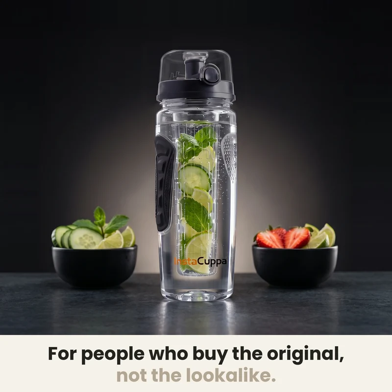 InstaCuppa Fruit Infuser Water Bottle 1 Litre, Tritan BPA-Free Detox Water Bottle with Full-Length Infuser, Flip-Top Lock Lid, Time Markings and Neoprene Sleeve