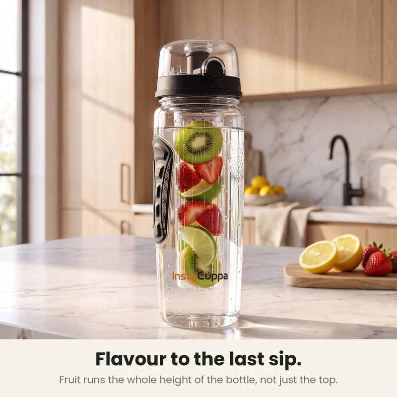 InstaCuppa Fruit Infuser Water Bottle 1 Litre, Tritan BPA-Free Detox Water Bottle with Full-Length Infuser, Flip-Top Lock Lid, Time Markings and Neoprene Sleeve