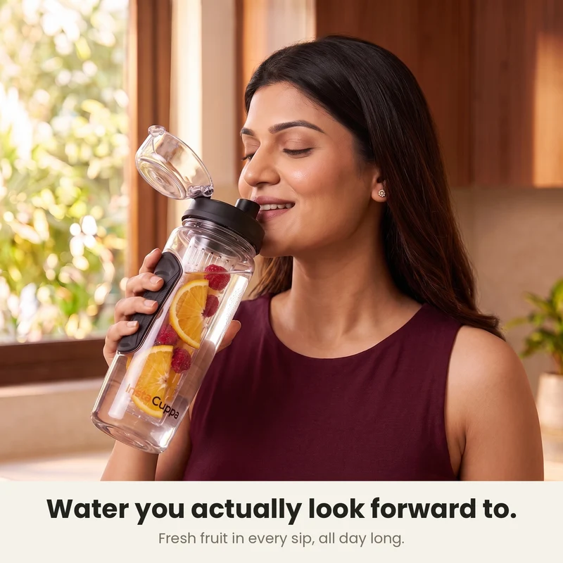 InstaCuppa Fruit Infuser Water Bottle 1 Litre, Tritan BPA-Free Detox Water Bottle with Full-Length Infuser, Flip-Top Lock Lid, Time Markings and Neoprene Sleeve