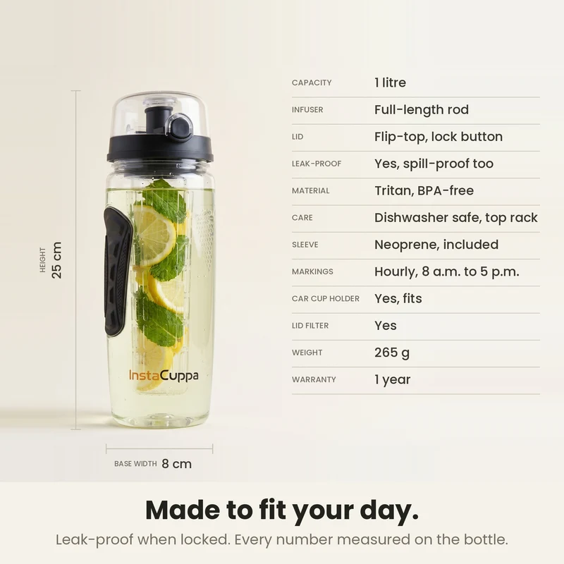InstaCuppa Fruit Infuser Water Bottle 1 Litre, Tritan BPA-Free Detox Water Bottle with Full-Length Infuser, Flip-Top Lock Lid, Time Markings and Neoprene Sleeve