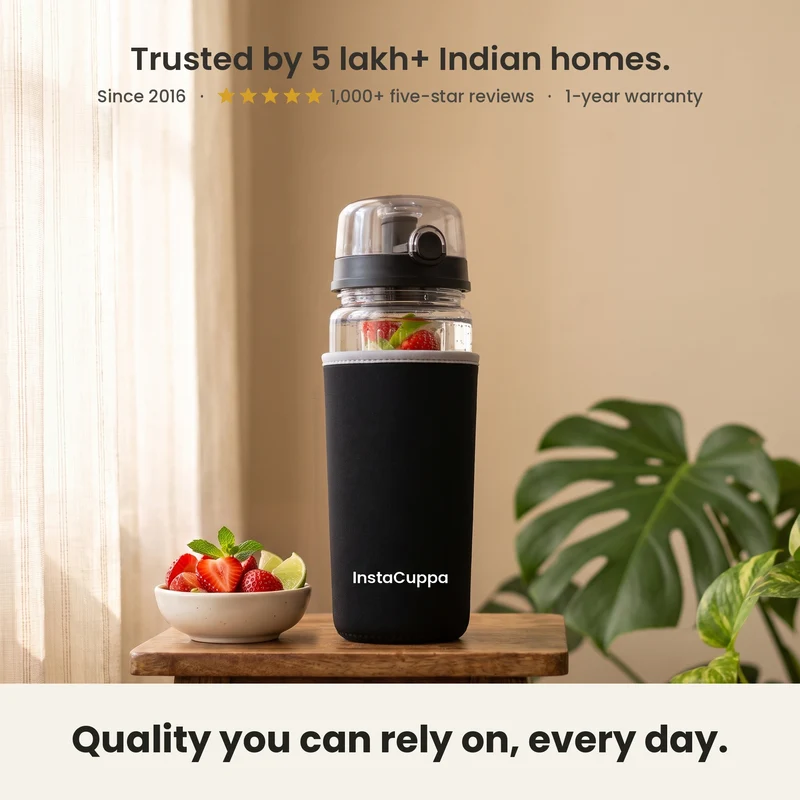 InstaCuppa Fruit Infuser Water Bottle 1 Litre, Tritan BPA-Free Detox Water Bottle with Full-Length Infuser, Flip-Top Lock Lid, Time Markings and Neoprene Sleeve