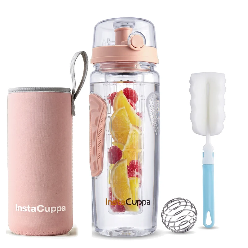 InstaCuppa Fruit Infuser Water Bottle 1 Litre, Tritan BPA-Free Detox Water Bottle with Full-Length Infuser, Flip-Top Lock Lid, Time Markings and Neoprene Sleeve