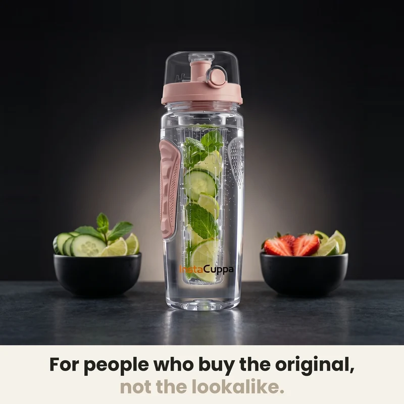 InstaCuppa Fruit Infuser Water Bottle 1 Litre, Tritan BPA-Free Detox Water Bottle with Full-Length Infuser, Flip-Top Lock Lid, Time Markings and Neoprene Sleeve