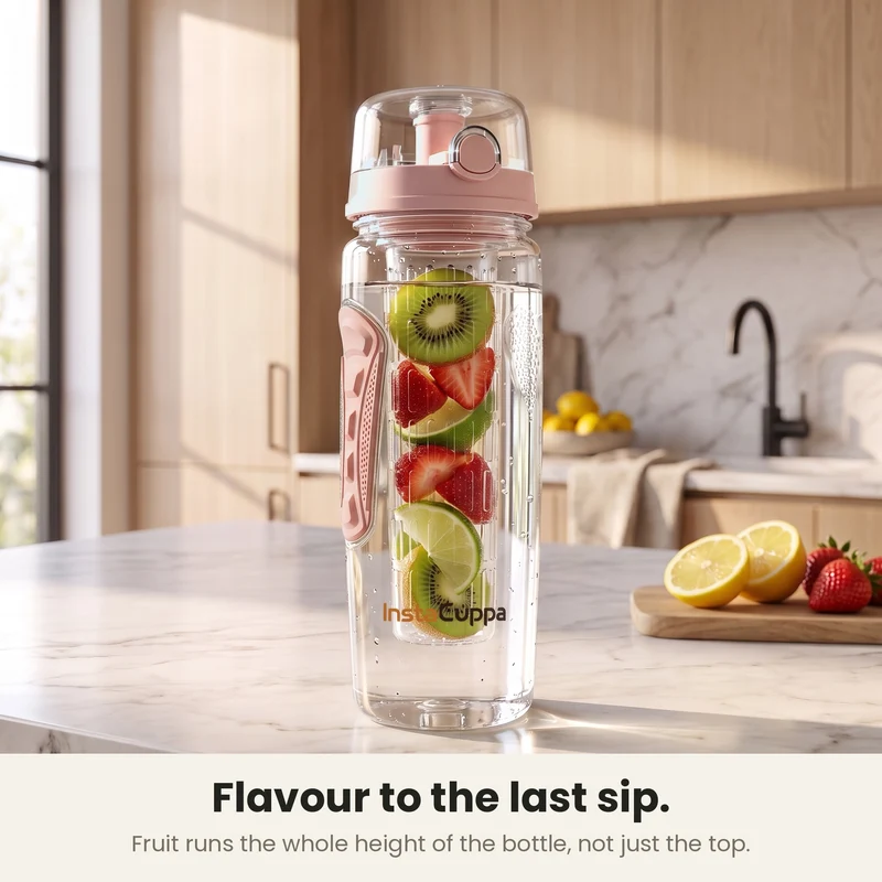 InstaCuppa Fruit Infuser Water Bottle 1 Litre, Tritan BPA-Free Detox Water Bottle with Full-Length Infuser, Flip-Top Lock Lid, Time Markings and Neoprene Sleeve
