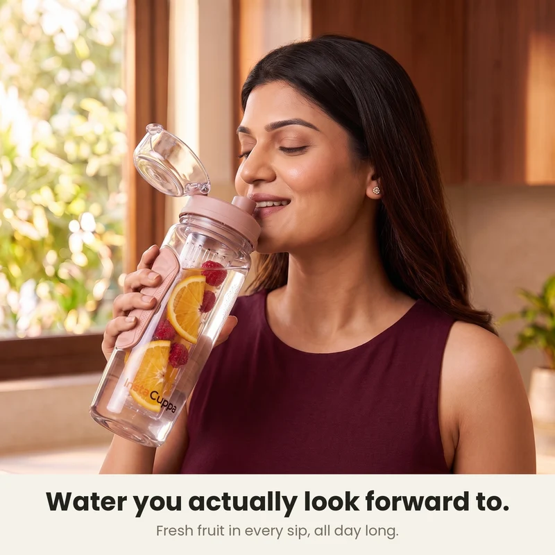 InstaCuppa Fruit Infuser Water Bottle 1 Litre, Tritan BPA-Free Detox Water Bottle with Full-Length Infuser, Flip-Top Lock Lid, Time Markings and Neoprene Sleeve