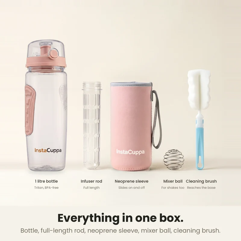 InstaCuppa Fruit Infuser Water Bottle 1 Litre, Tritan BPA-Free Detox Water Bottle with Full-Length Infuser, Flip-Top Lock Lid, Time Markings and Neoprene Sleeve